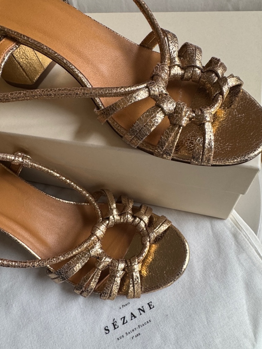 Sezane Gloria Gold Strap Block Heel Sandals
